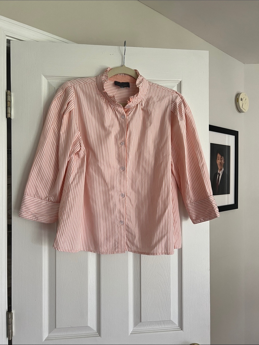 Women’s Pink Striped Ruffle Collar Button-Up Top